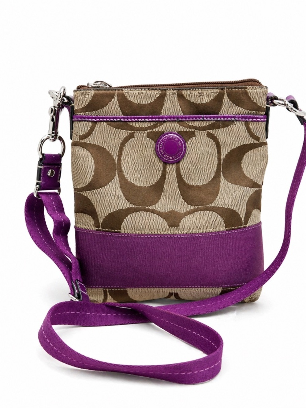 Coach Signature File Bag Khaki Purple Heritage Stripe Crossbody Y2K Flawed